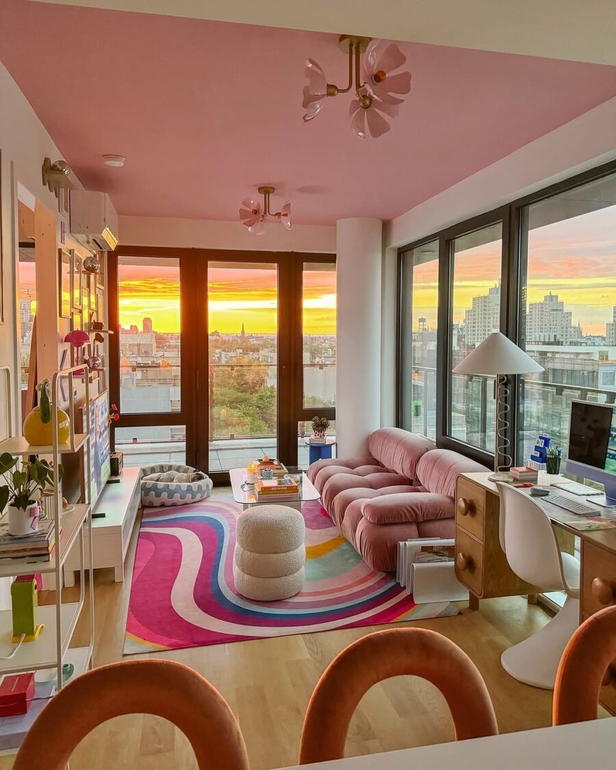 Stylish lounge with sunset city view