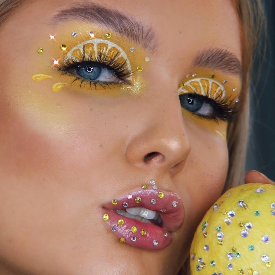 Vibrant yellow makeup with fruity lemon accents