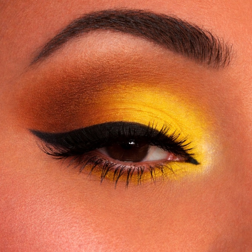 Bold yellow eyeshadow with dramatic eyeliner
