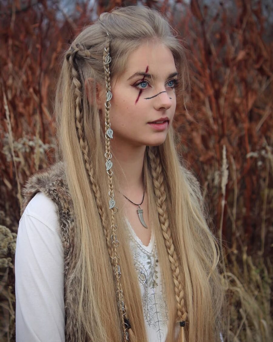 Intricate braids with viking-inspired accessories