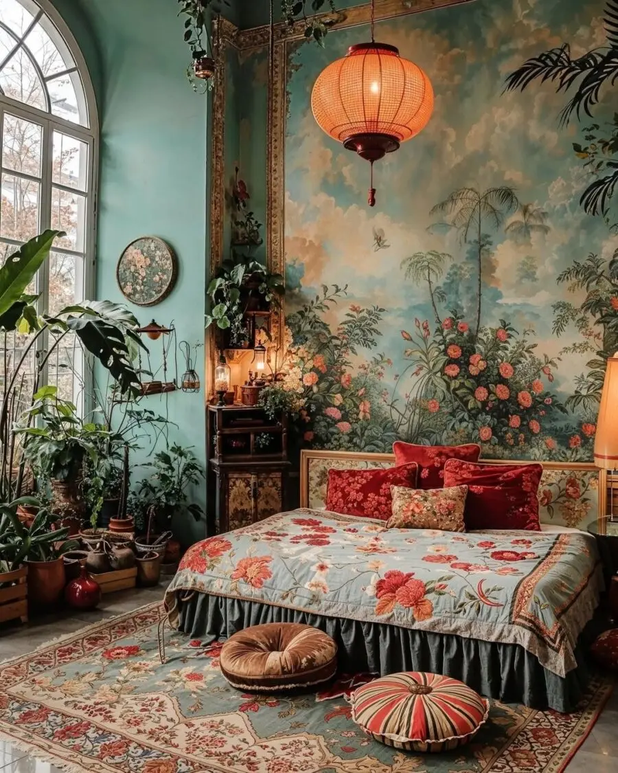 Colorful boho bedroom with vibrant accents and plants