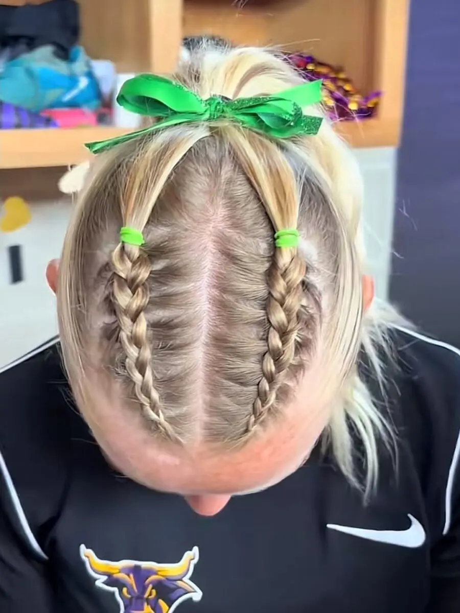 Chic Double Braids with Green Ribbons