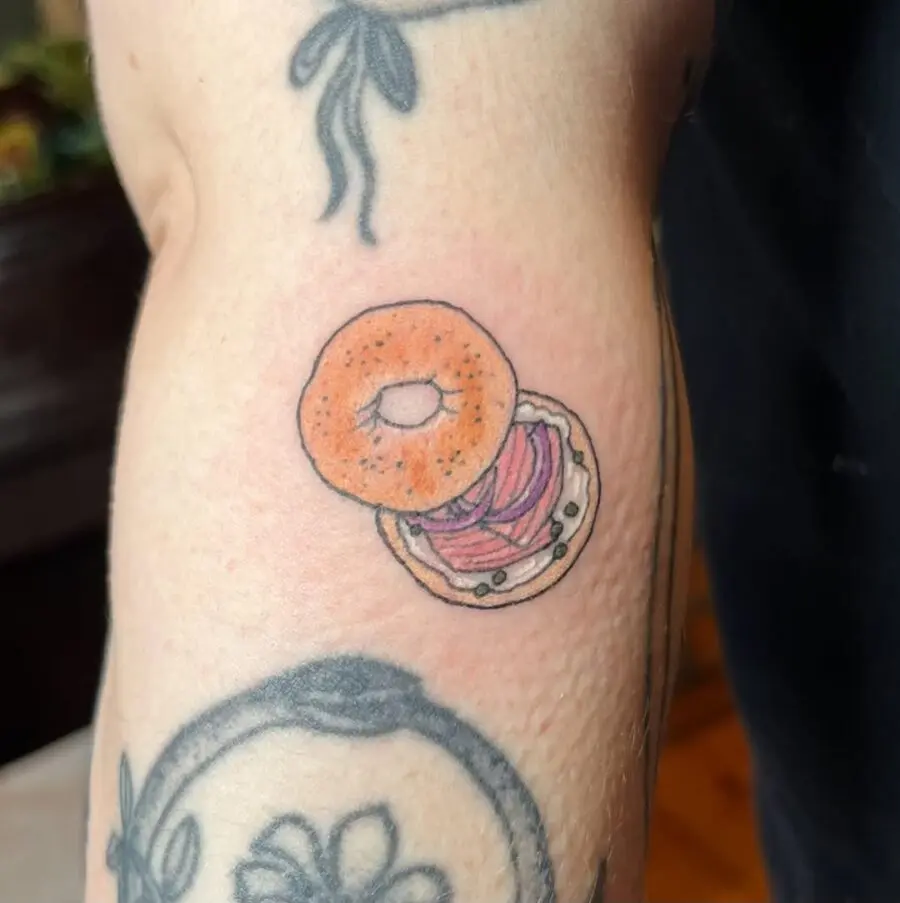 Cute bagel tattoo with salmon and cream cheese