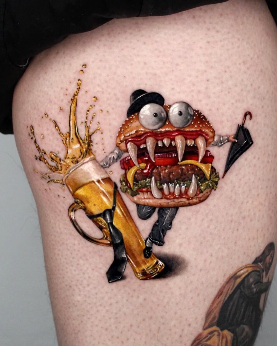 Playful burger tattoo brings fun character to life