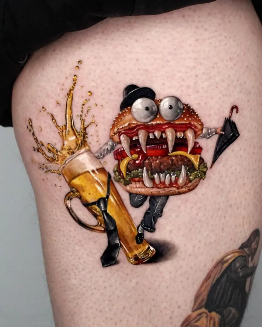 Playful burger tattoo brings fun character to life