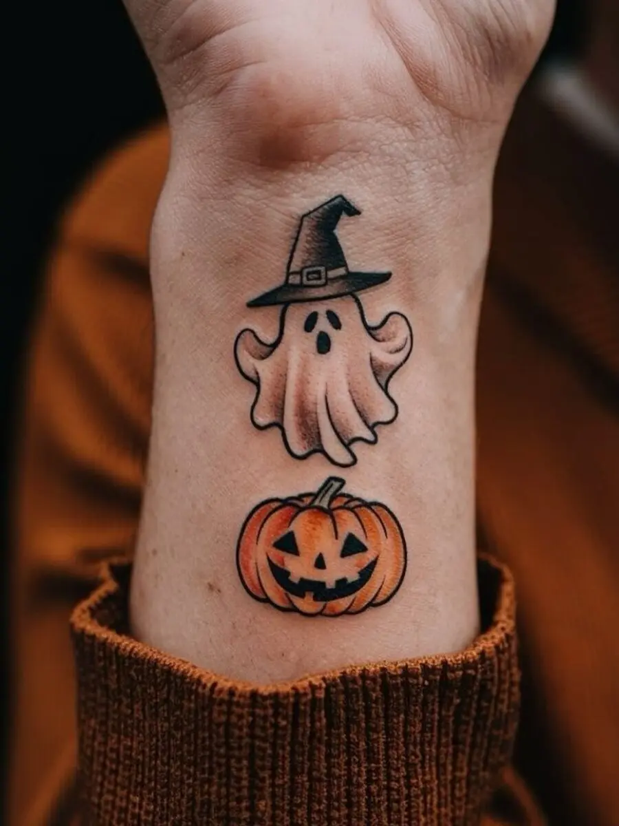 Charming ghost with a witch hat and pumpkin