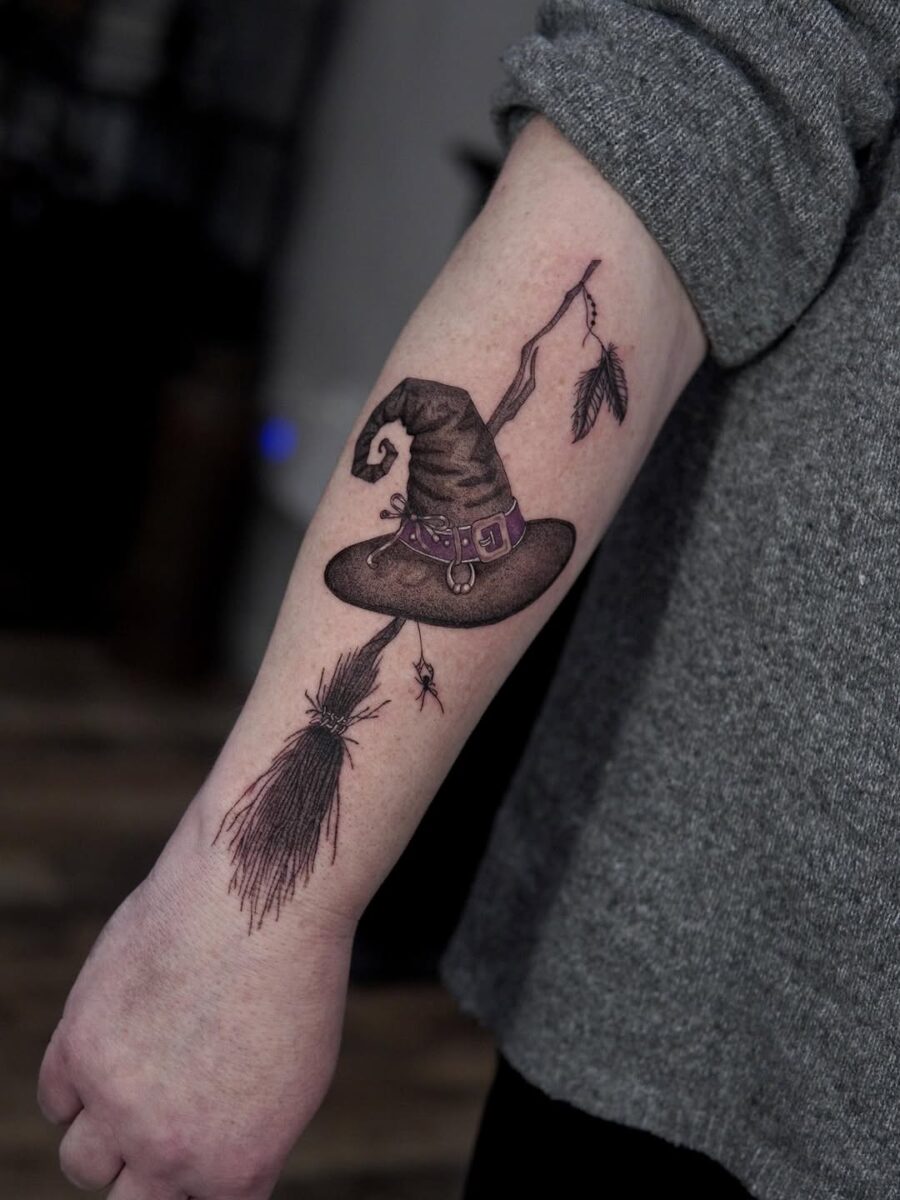 Enchanting witch hat tattoo with whimsical details