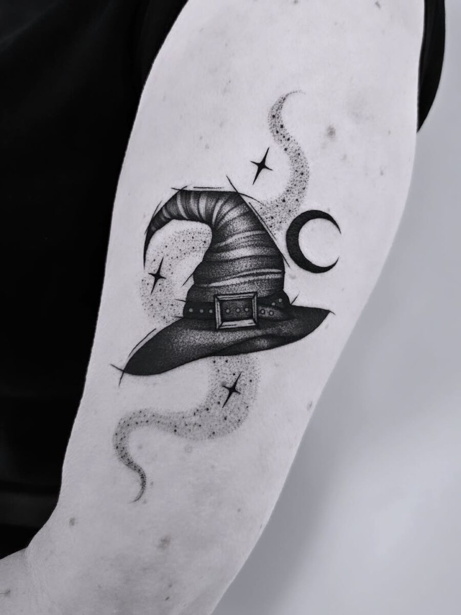 Elegant Witch Hat Tattoo with Mystical Elements