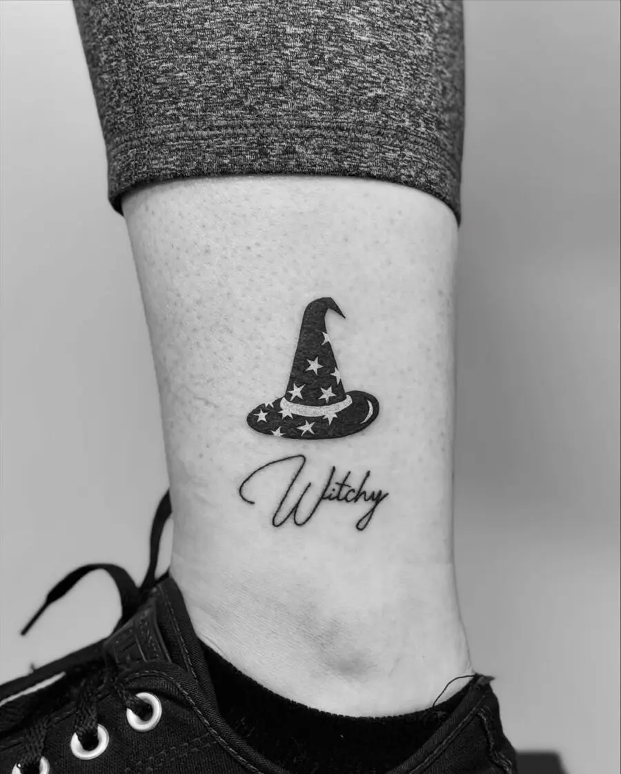 Elegant witch hat tattoo with a whimsical touch