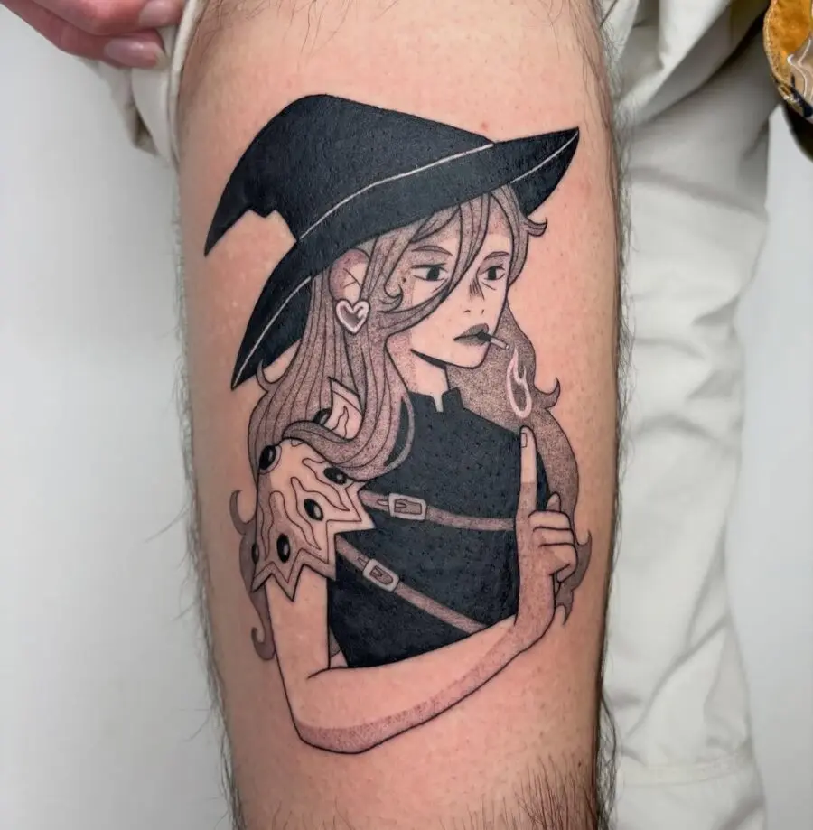 Stylish witch hat tattoo on a confident character