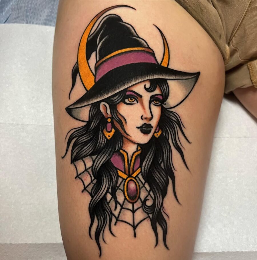 Stylish feminine witch hat tattoo design