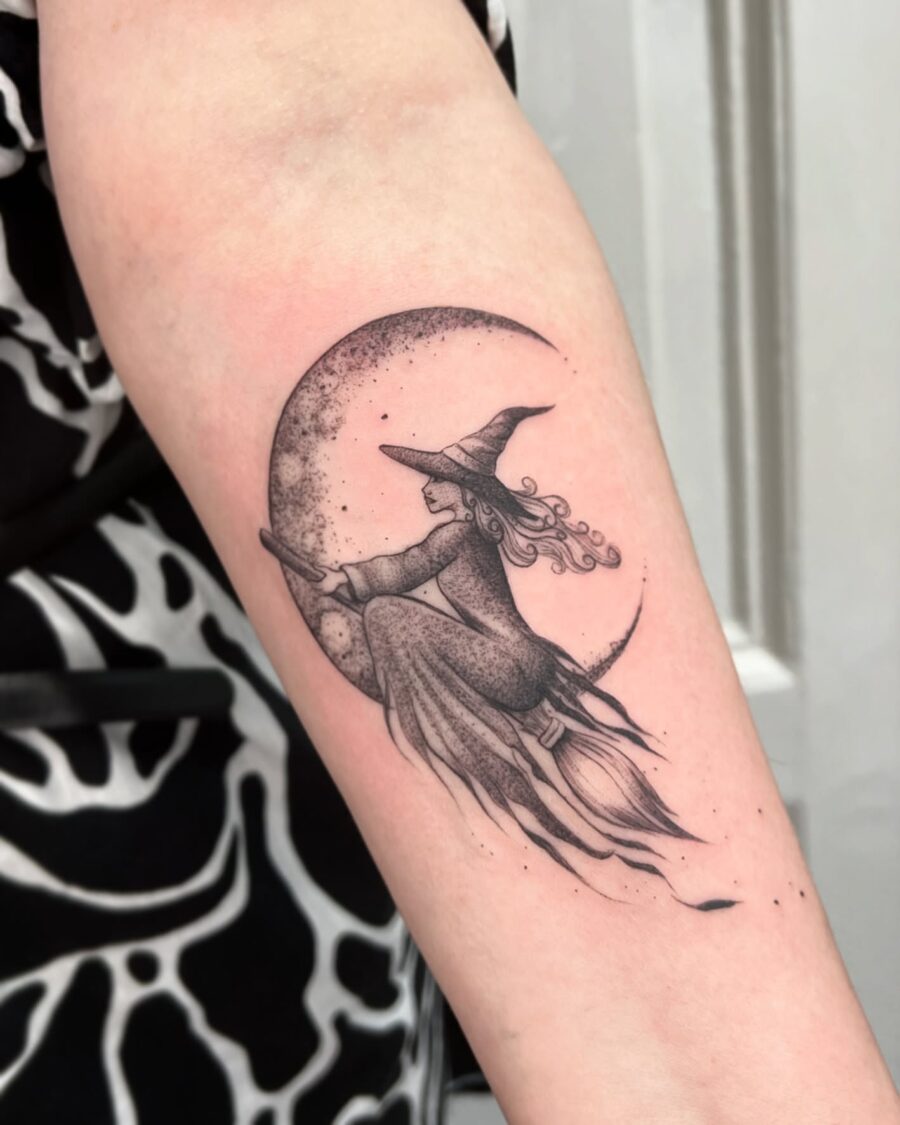 Enchanting witch flying under a crescent moon
