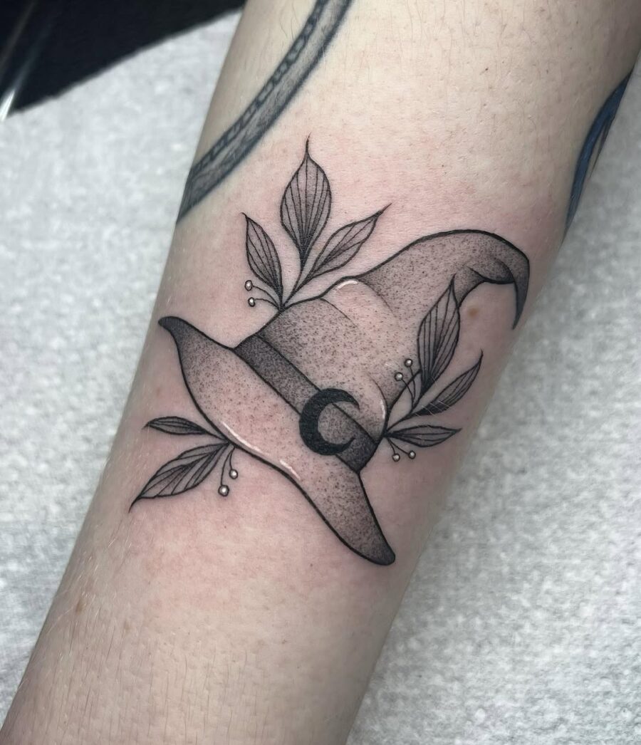 Charming Witch Hat Tattoo with Leaf Accents