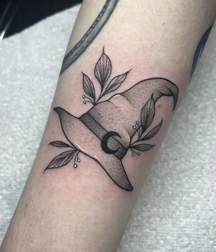 Charming Witch Hat Tattoo with Leaf Accents