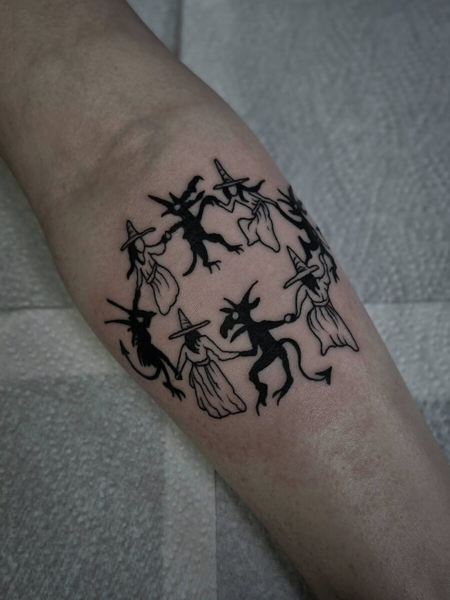 Spellbinding witches dancing in a circle