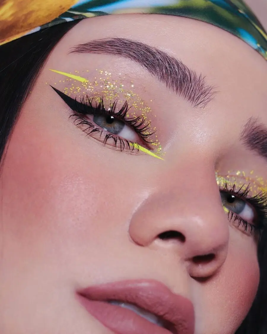 Vibrant Yellow Glitter Eye Makeup Look