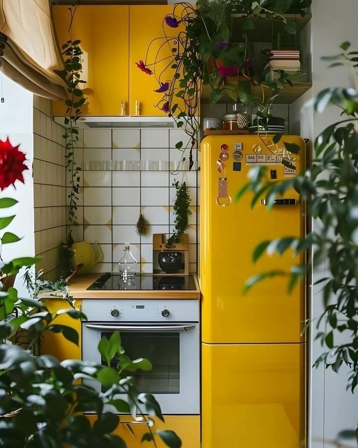 Vibrant yellow kitchen with lively greenery