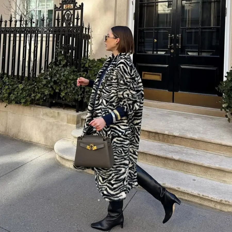 Chic zebra print coat for winter elegance
