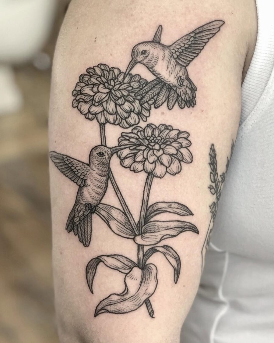 Elegant zinnia tattoo with hummingbirds