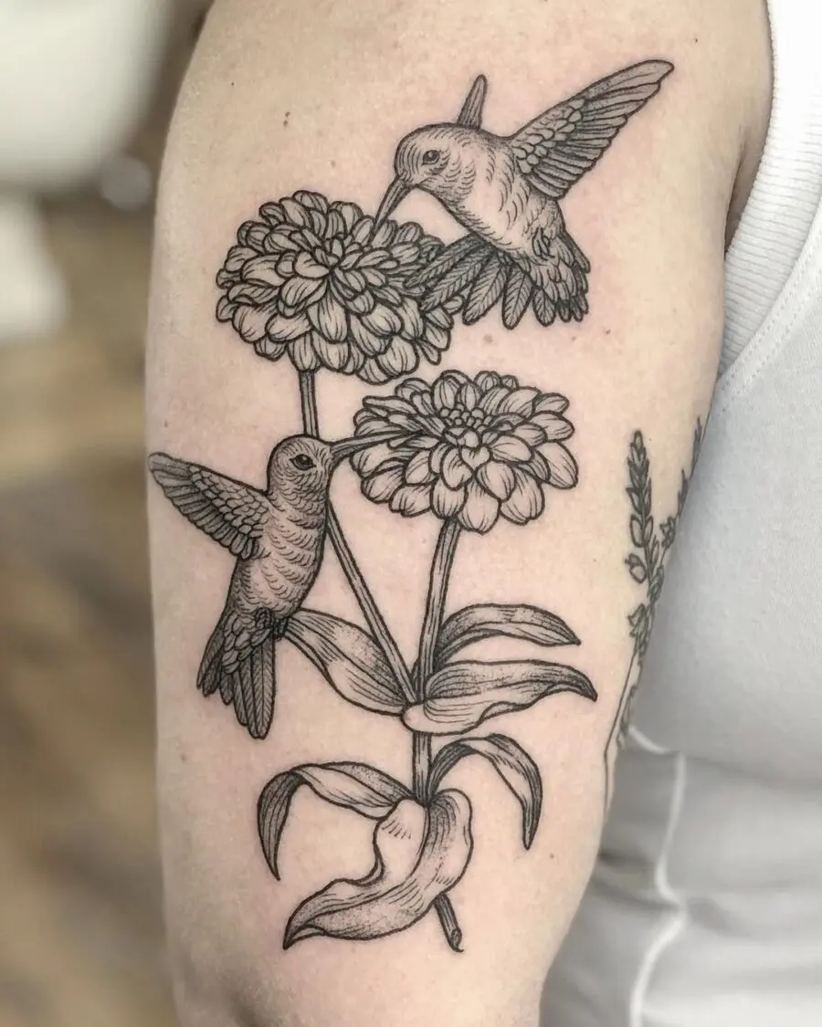 Elegant zinnia tattoo with hummingbirds