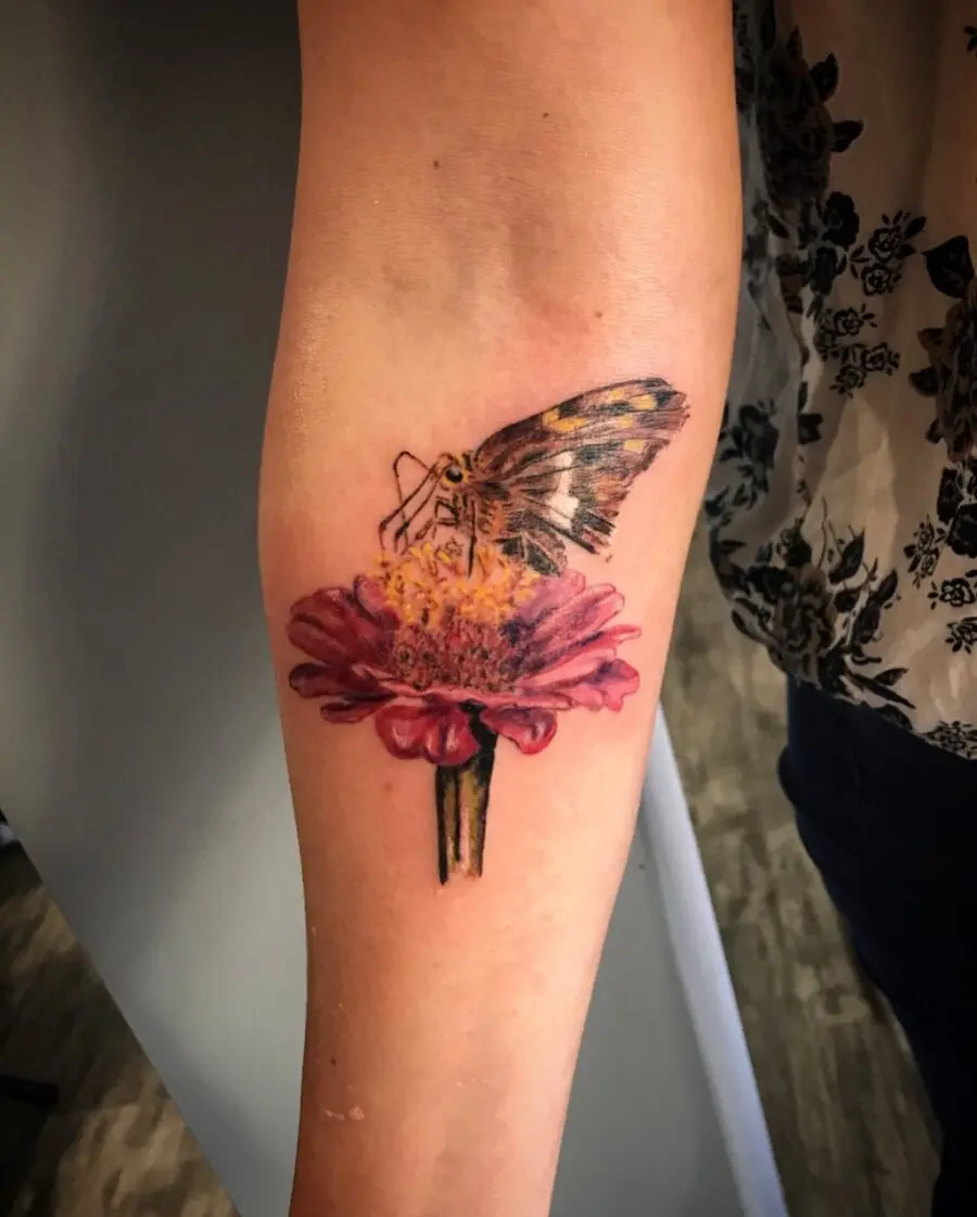 Vibrant Zinnia with a Butterfly Tattoo Design