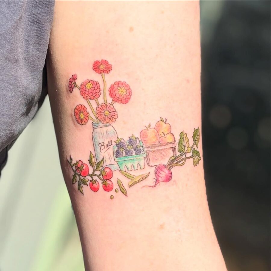 Vibrant Zinnia and Harvest-Themed Tattoo