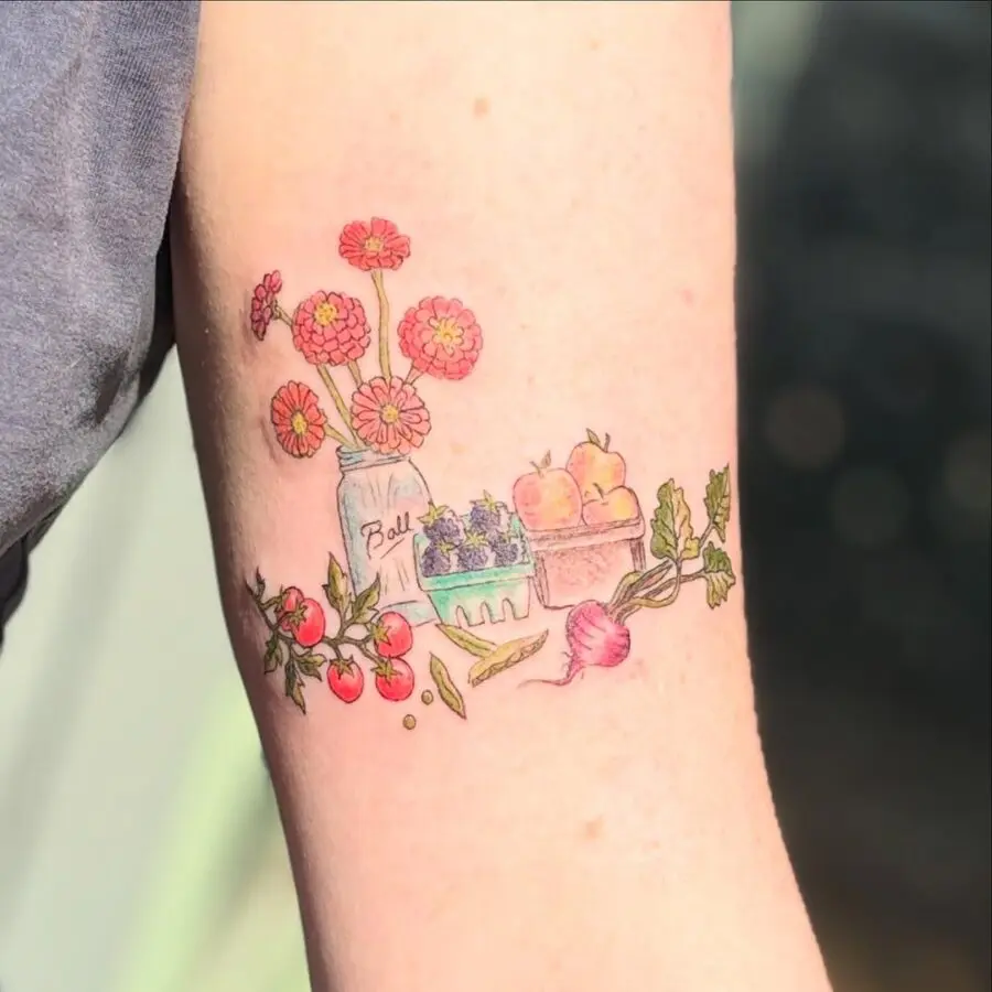 Vibrant Zinnia and Harvest-Themed Tattoo