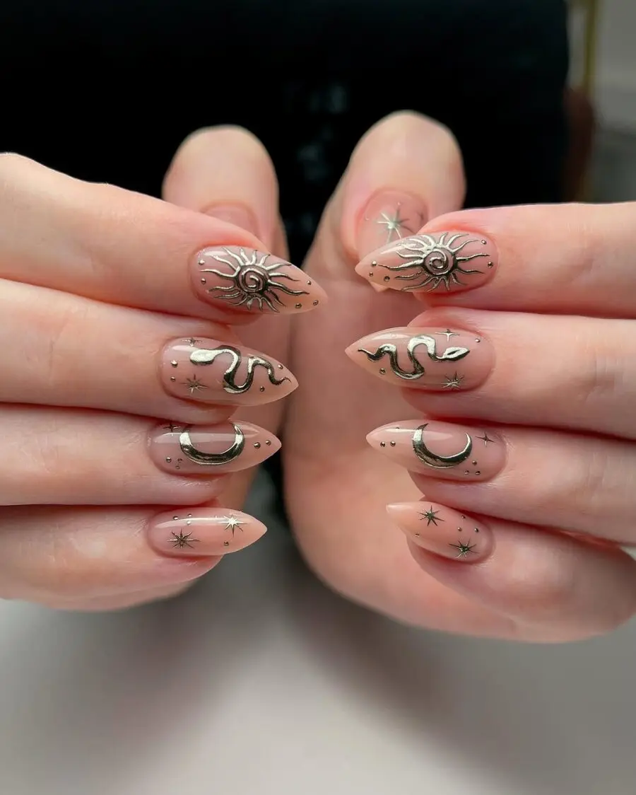 Celestial-themed zodiac nail art design