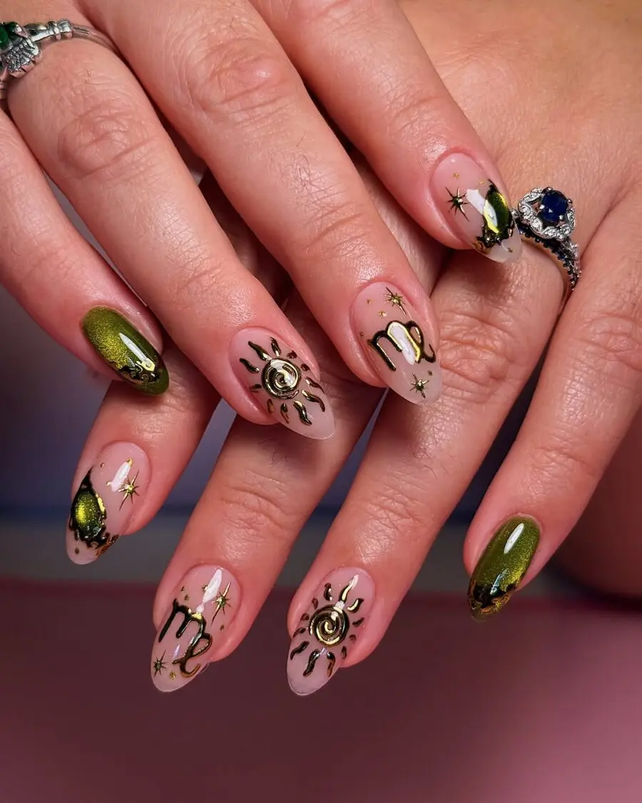 Shimmering zodiac nails with celestial designs