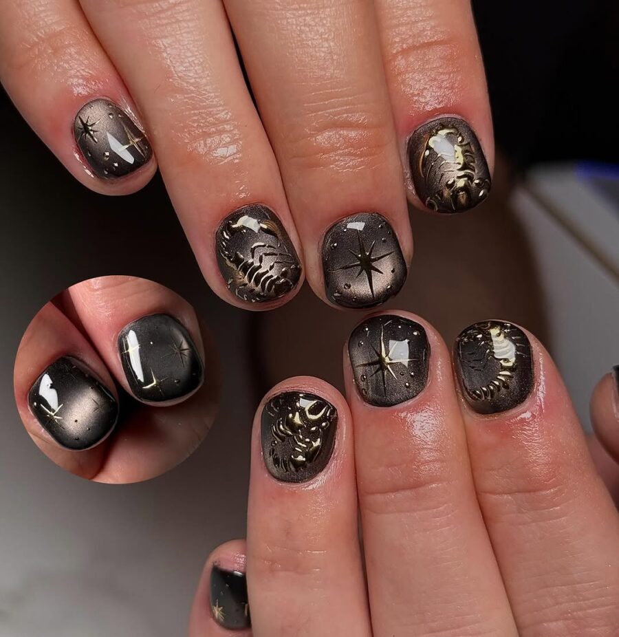 Celestial-Themed Dark Zodiac Nail Art