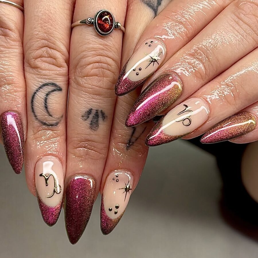 Glittering zodiac nails with celestial accents