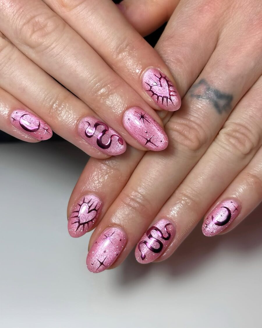 Vibrant Pink Zodiac-Inspired Nail Art
