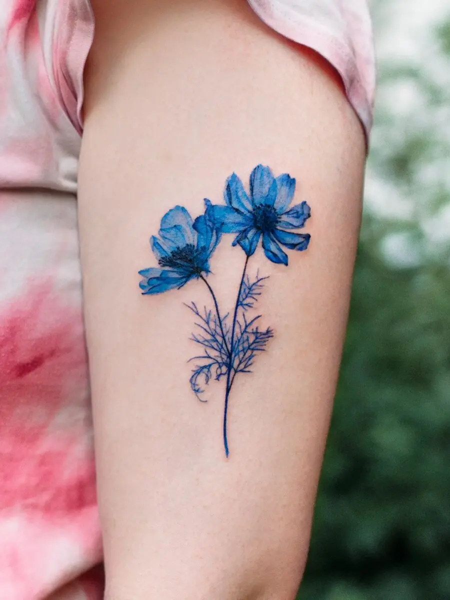 Vibrant blue alstroemeria floral tattoo design