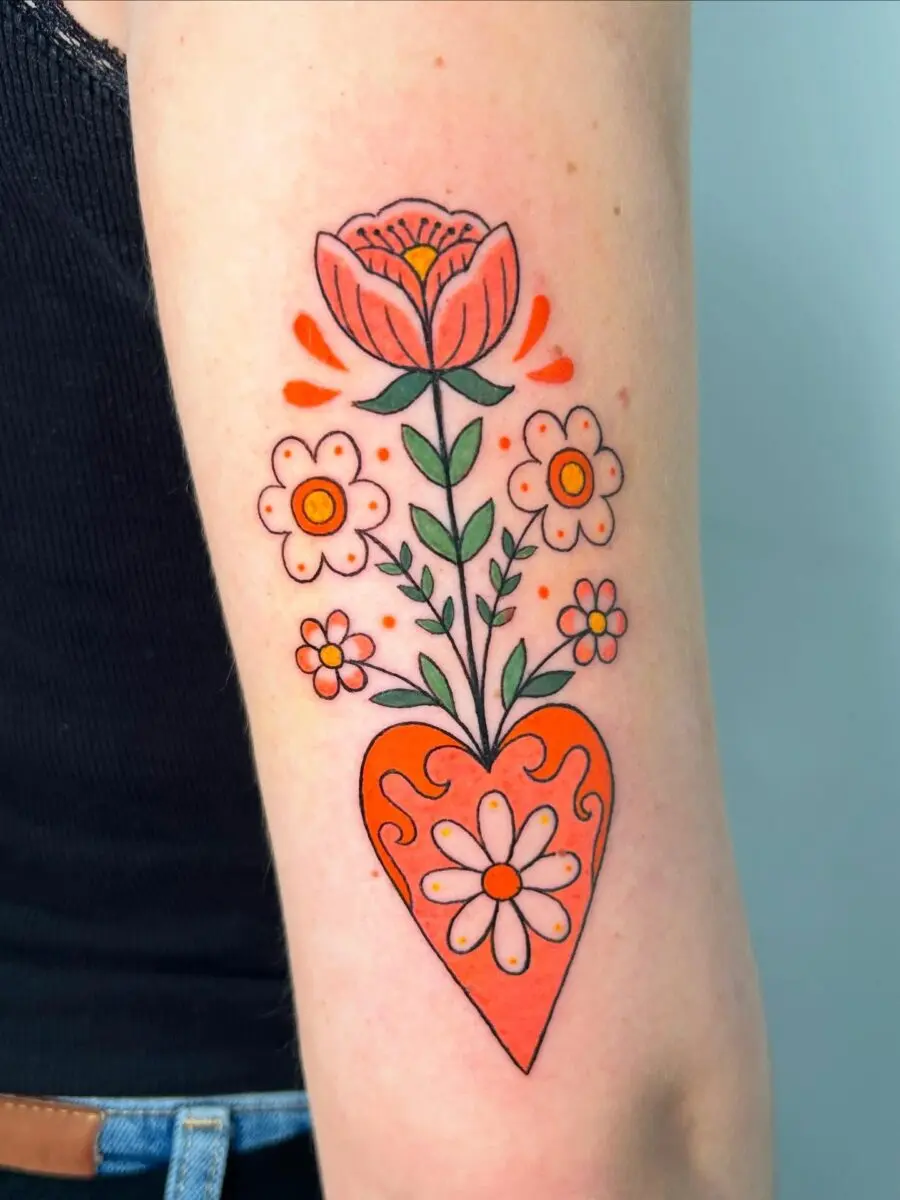 Colorful alstroemeria flower heart tattoo design