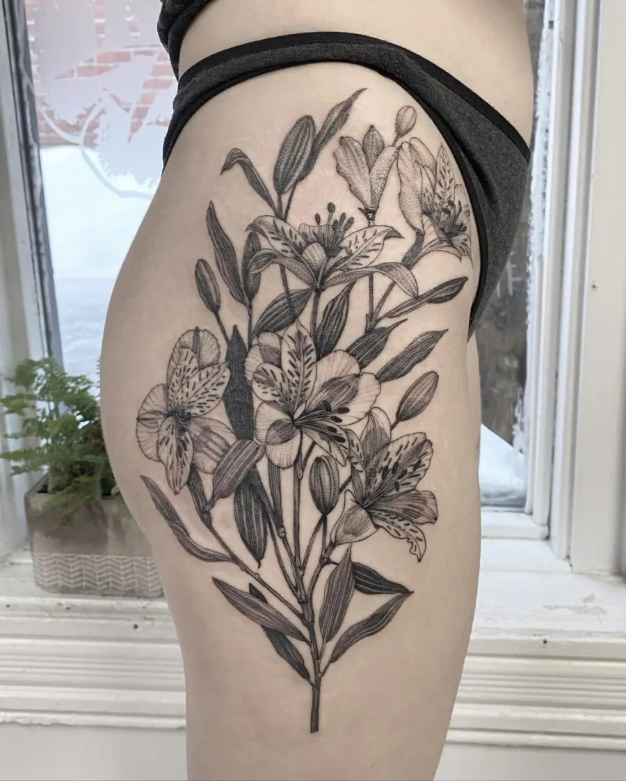Elegant Alstroemeria Tattoo on Thigh