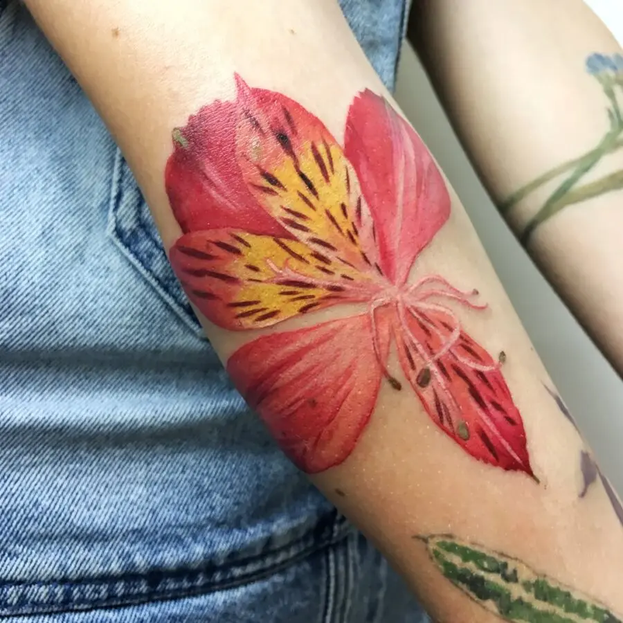 Vibrant alstroemeria blooms on forearm tattoo
