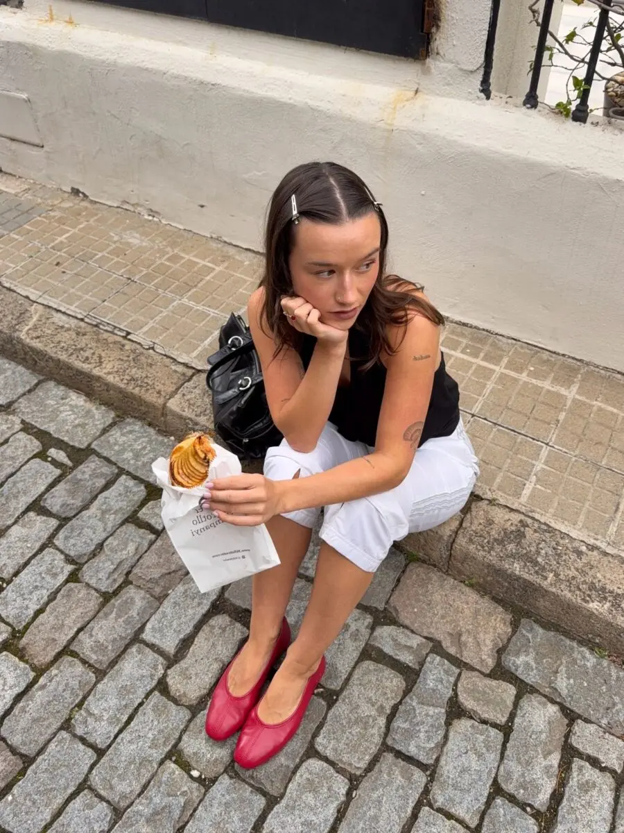 Chic casual outfit with red ballet flats