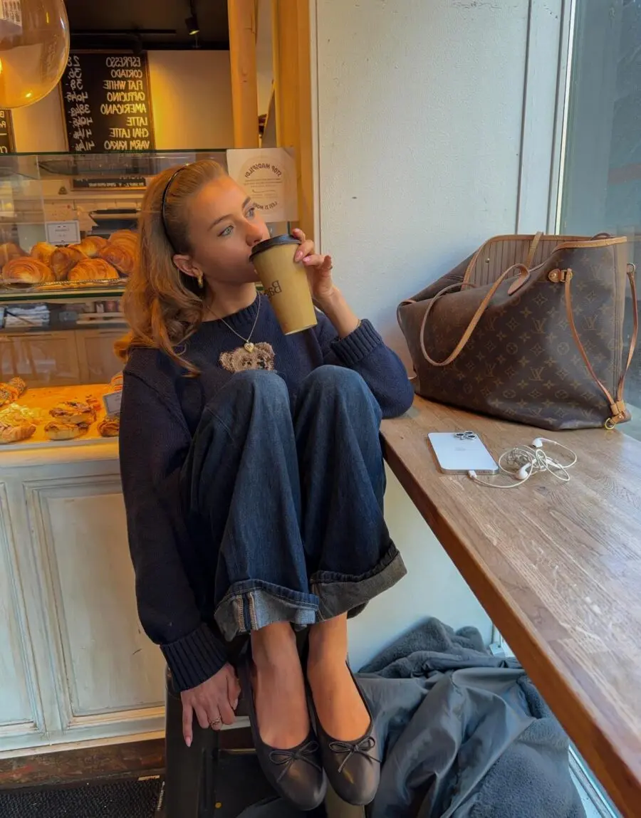 Cozy urban outfit featuring stylish ballet flats