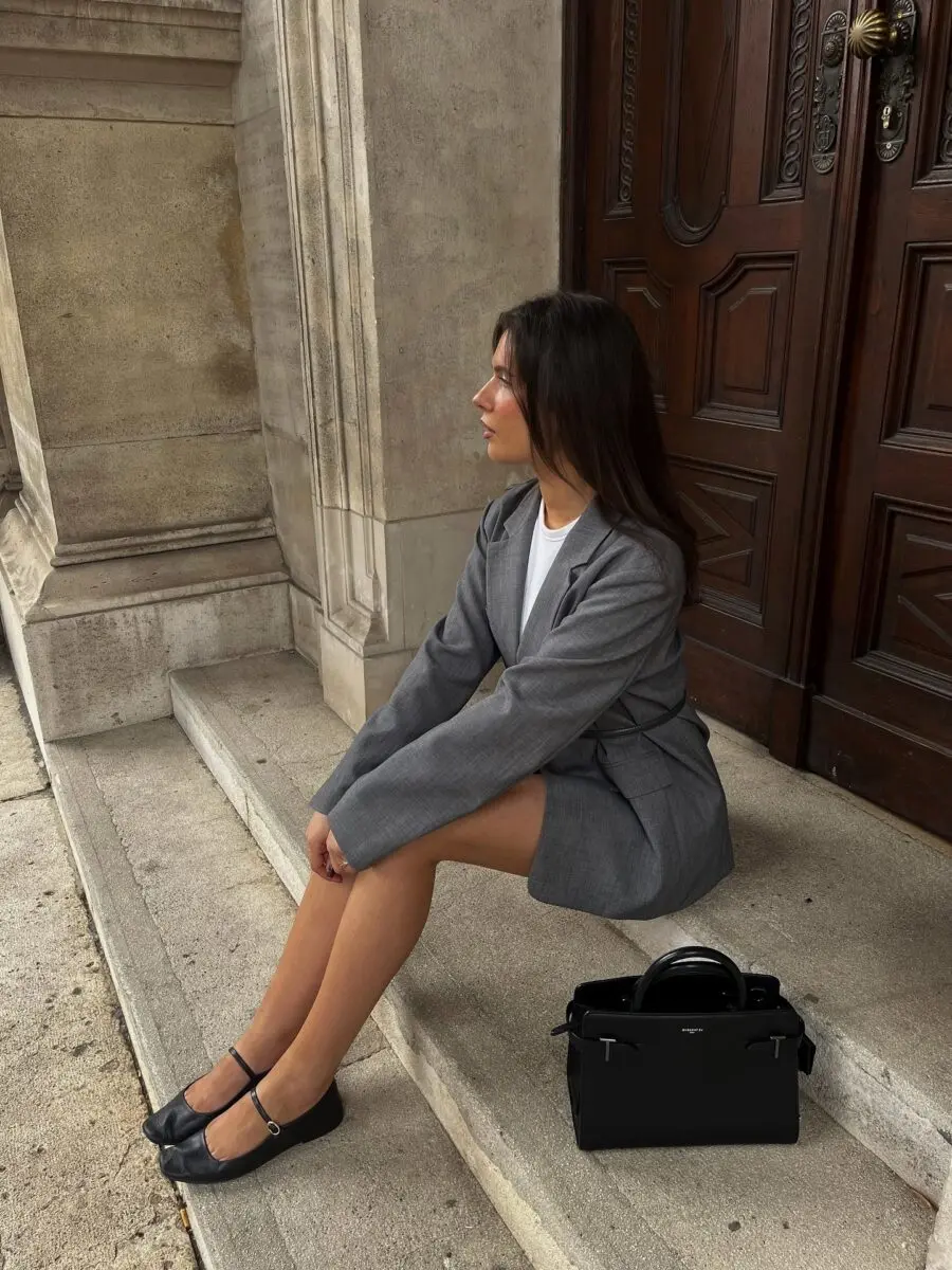 Chic Gray Blazer with Ballet Flats Ensemble