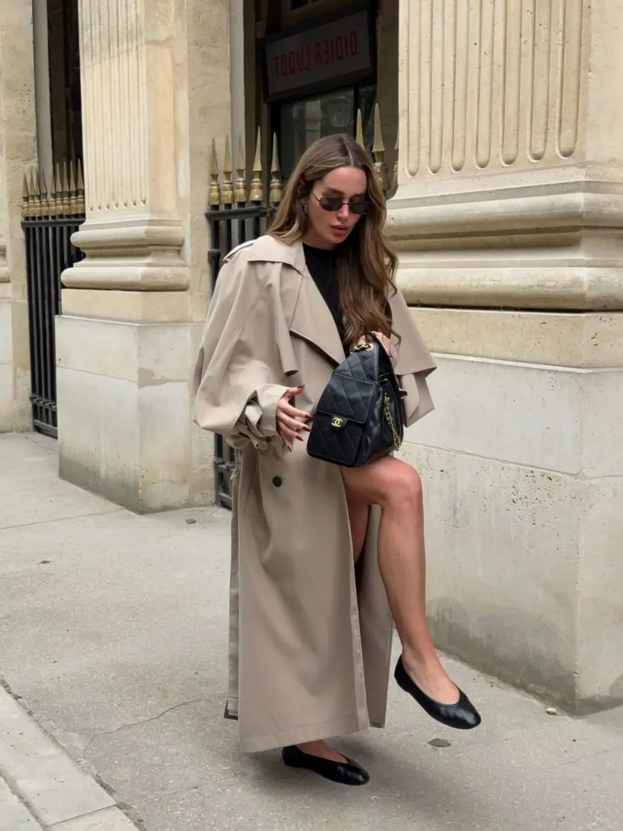 Chic trench coat styled with ballet flats