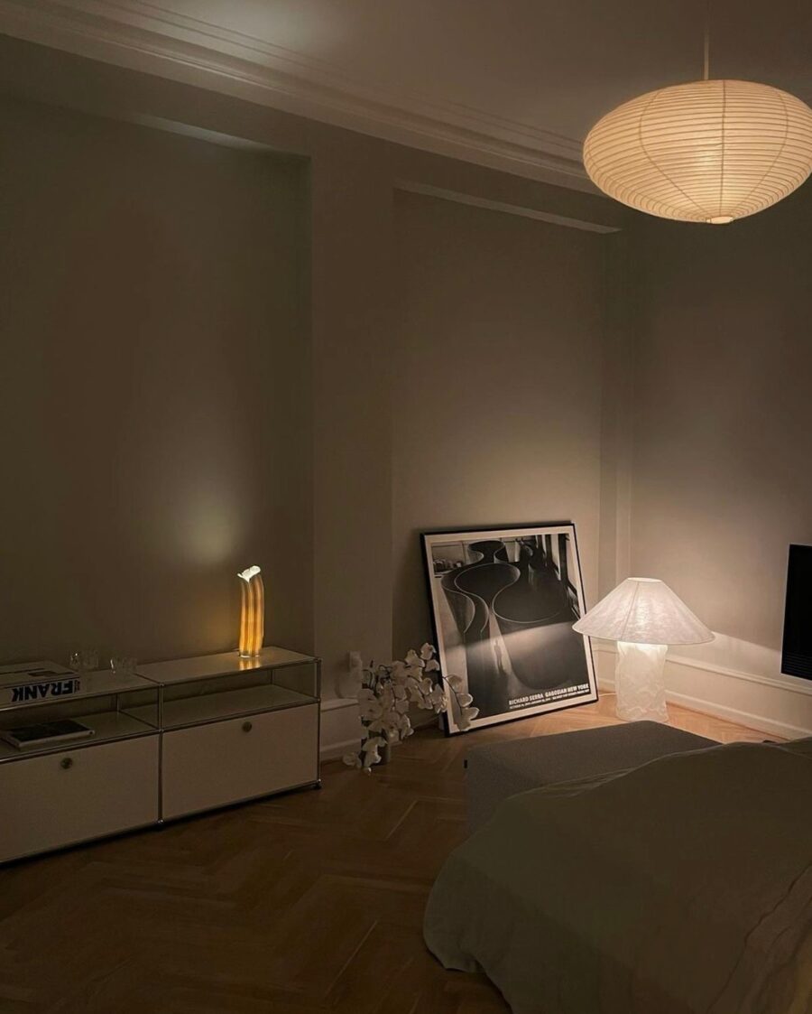 Elegant and calming nighttime bedroom aesthetic