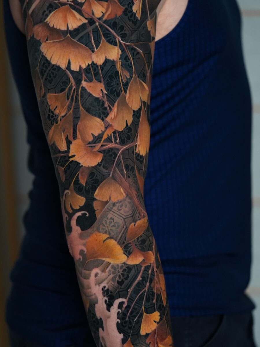 Beautiful Floral Biceps Tattoo with Ginkgo Leaves