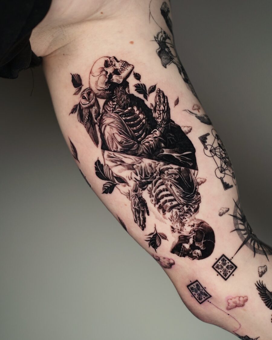 Artistic skeletons in a dynamic tattoo design