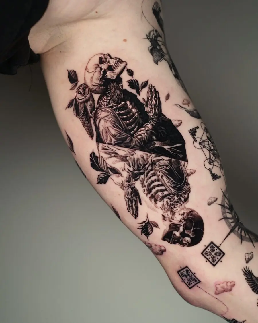 Artistic skeletons in a dynamic tattoo design