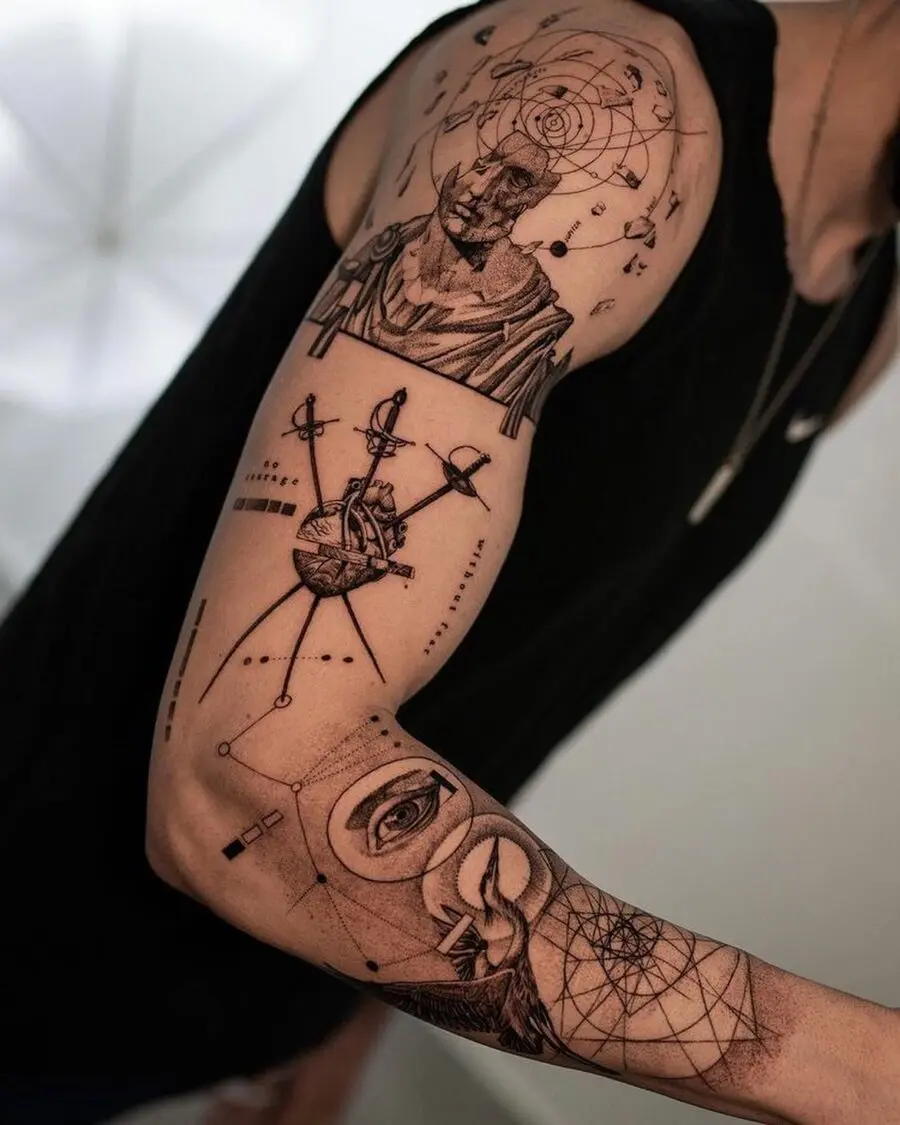 Intricate artistic blackwork biceps tattoos