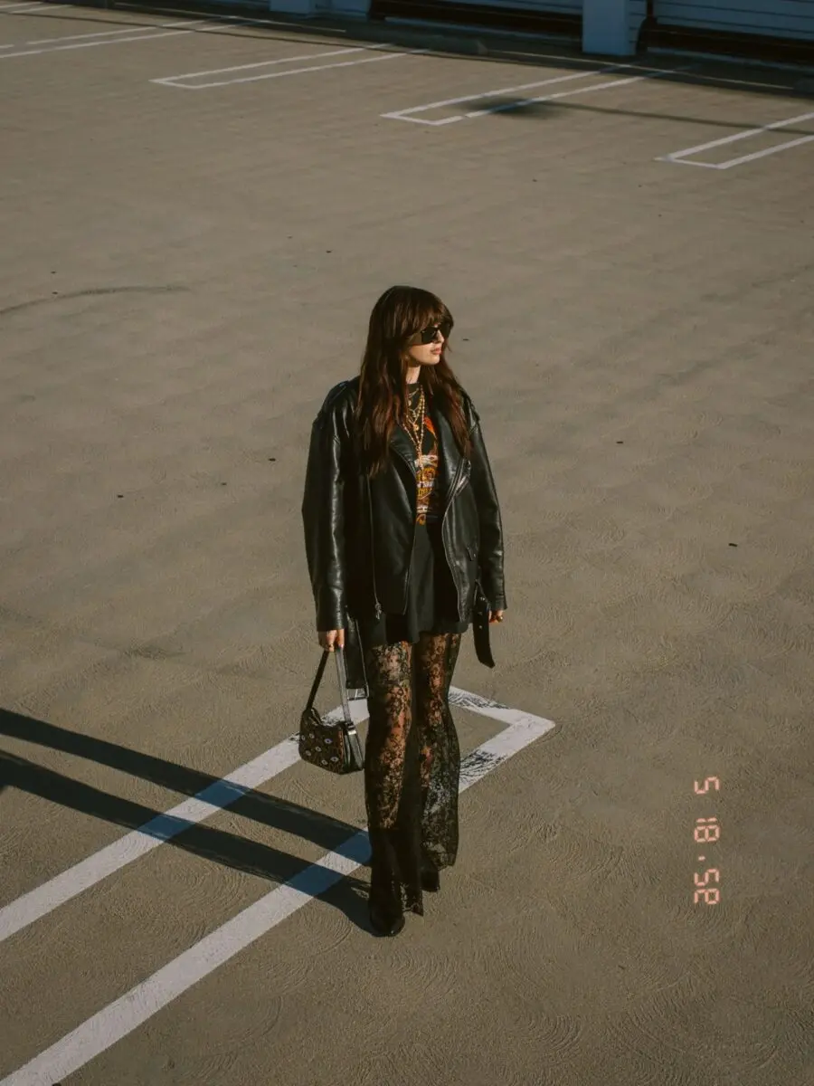 Chic biker look with lace and leather