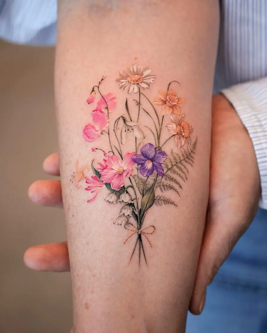 Vibrant floral bouquet birth flower tattoo
