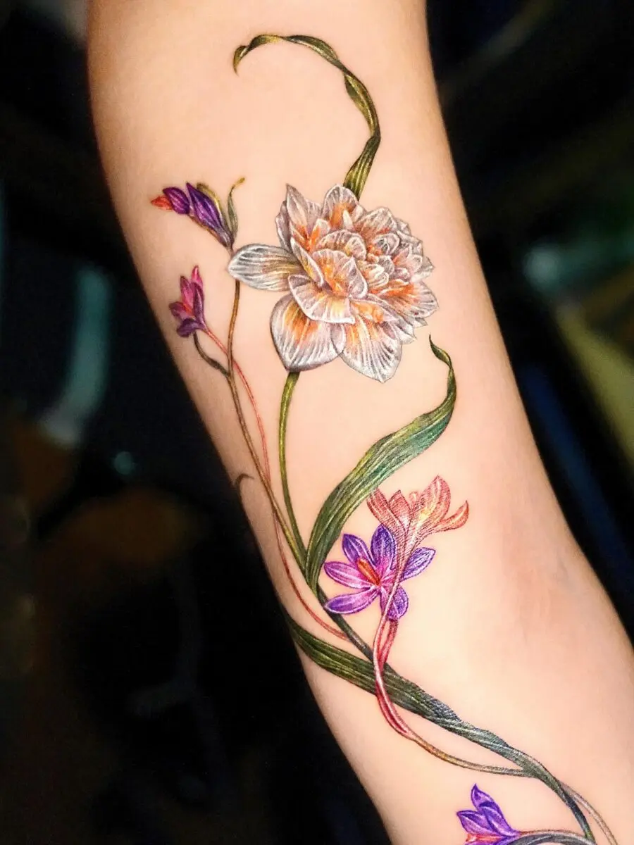Colorful Birth Flower Tattoo with Floral Motif