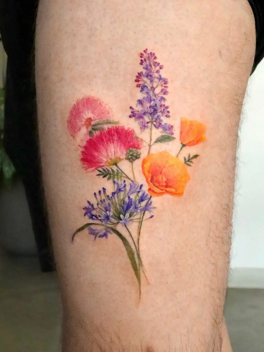 Beautifully Vibrant Birth Flower Tattoo Design