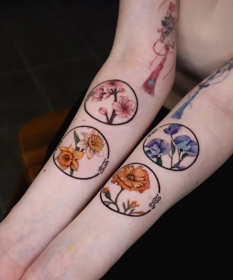 Colorful flower tattoos celebrating birth months
